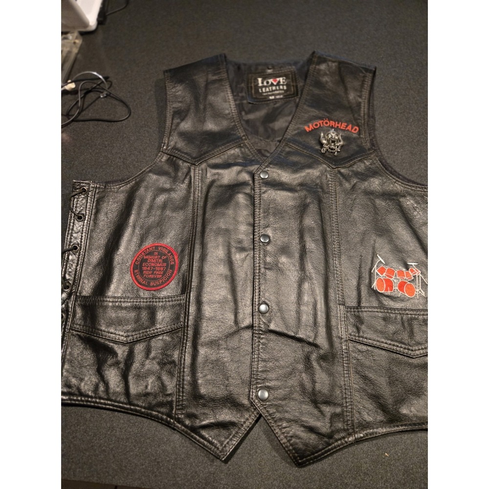 Leather Biker Vest Motörhead Harley Patch Lace Up Size 52